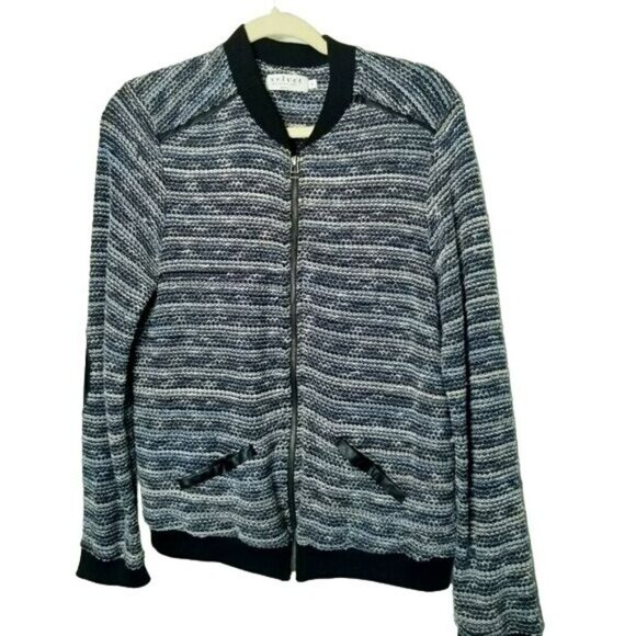 Velvet by Graham & Spencer White and Blue Knit Striped Full Zip Moto Jacket L - Picture 1 of 13